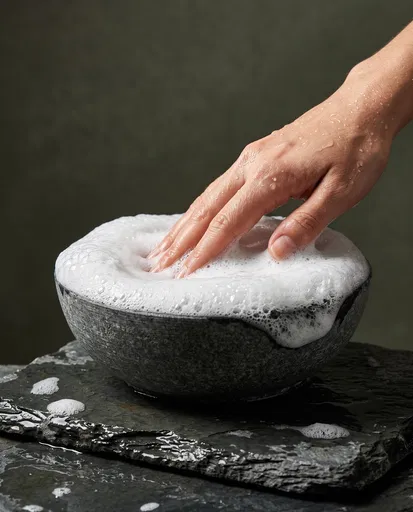 Hand Pressing Into Stone Bowl of Foam