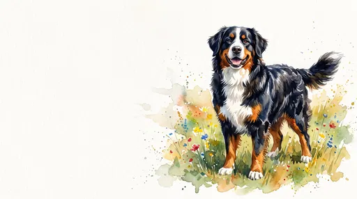 Watercolor Bernese Mountain Dog in Meadow
