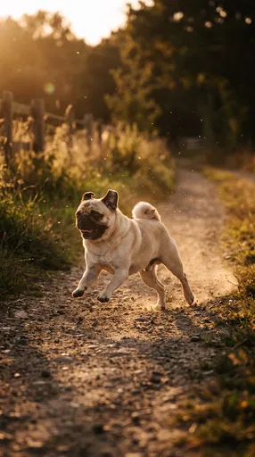 Fawn Pug Running on Sunset Trail