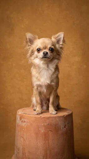 Long-Haired Chihuahua on Terracotta Pedestal