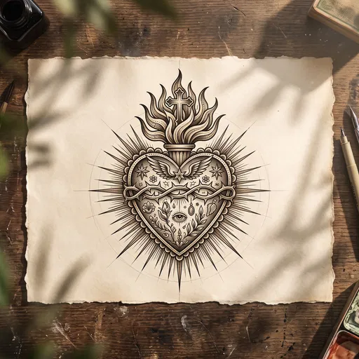 Sacred Heart Tattoo Drawing on Parchment