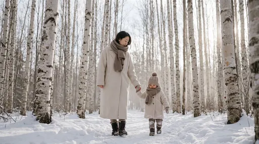 Mother and Toddler Walking in Snowy Forest