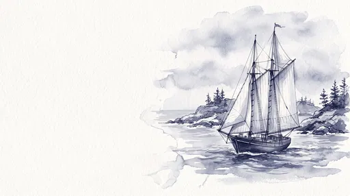 Indigo Watercolor Schooner Near Rocky Islands