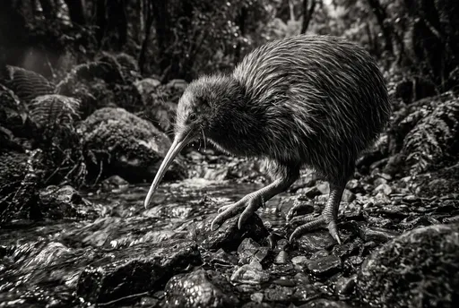 Monochrome Kiwi Bird on Rocky Stream Bed