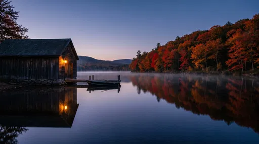 Rustic Boathouse on Autumn Lake at Twilight