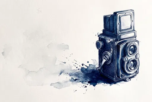 Blue Ink Drawing of Vintage Film Camera