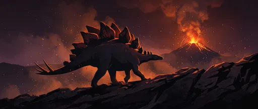Stegosaurus Silhouette Near Erupting Volcano