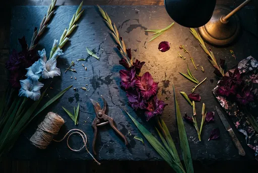 Gladiolus Stems and Tools on Dark Slate