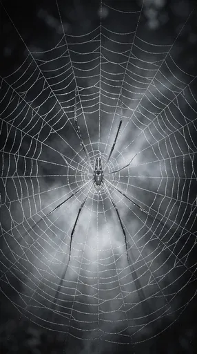 Monochrome Long-Legged Spider on Dewy Web