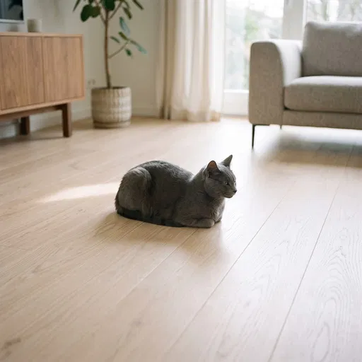 Gray Cat Resting on Hardwood Floor