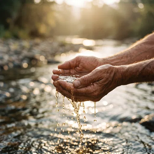Weathered Hands Cupping Golden River Water
