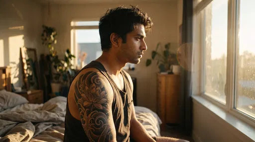 Man With Lotus Tattoo by Window