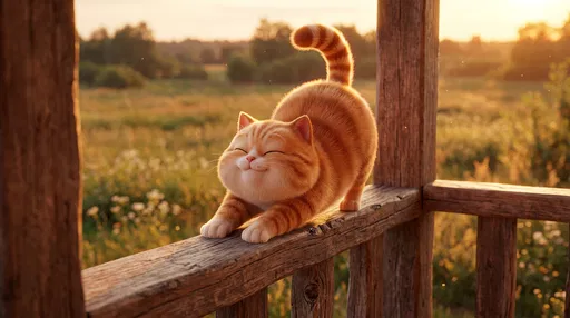 Cartoon Ginger Cat Stretching at Sunset