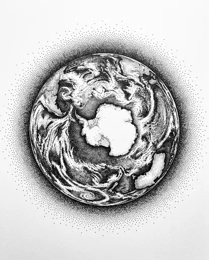 Stippled Ink Drawing of Earth From Antarctica