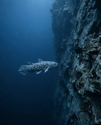 Coelacanth Swimming Near Deep Underwater Cliff