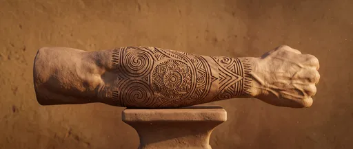 Clay Forearm Sculpture with Carved Tribal Patterns
