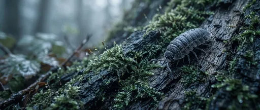 Macro Shot of Woodlouse on Mossy Bark
