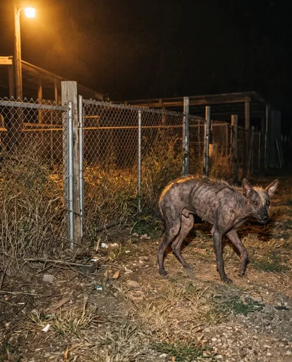 Hairless Canine Creature by Fence at Night