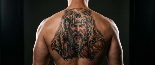 Muscular Man With Viking Berserker Back Tattoo
