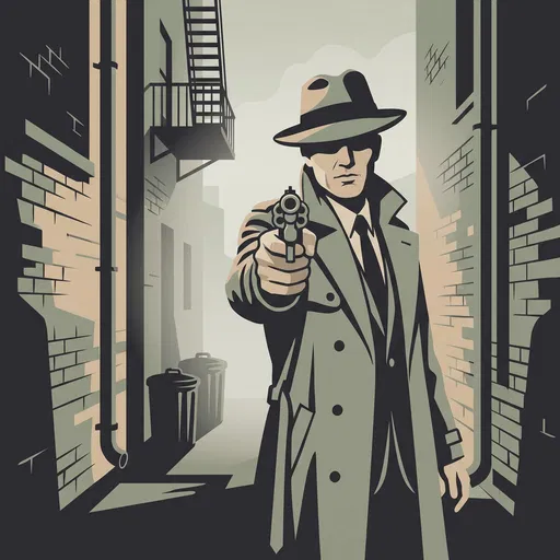 Noir Detective Pointing Revolver in Alleyway