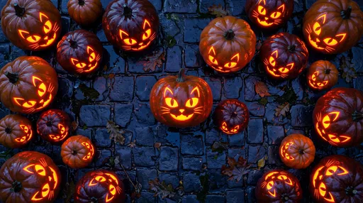 Glowing Cat Pumpkins on Wet Cobblestones