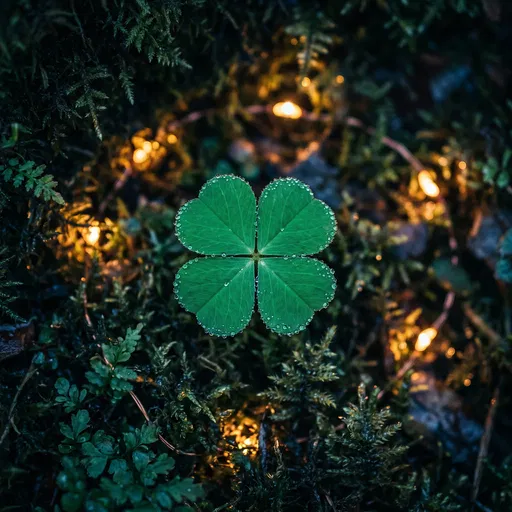 Four-Leaf Clover in Moss with Lights