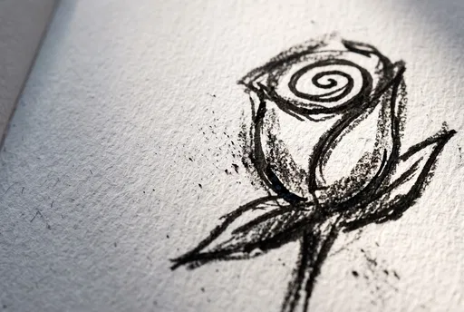 Charcoal and Ink Rosebud Sketch Close-Up