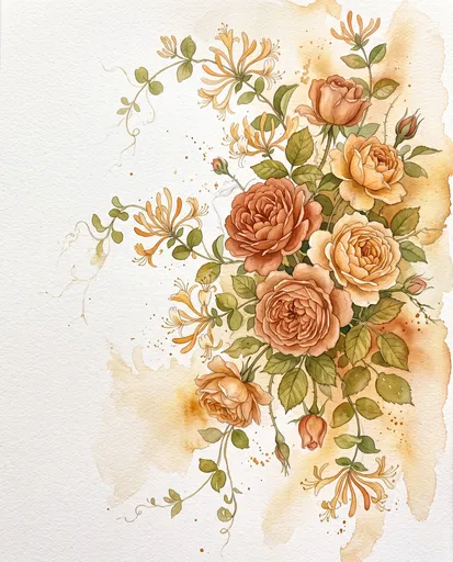 Watercolor Apricot Roses and Honeysuckle Vines