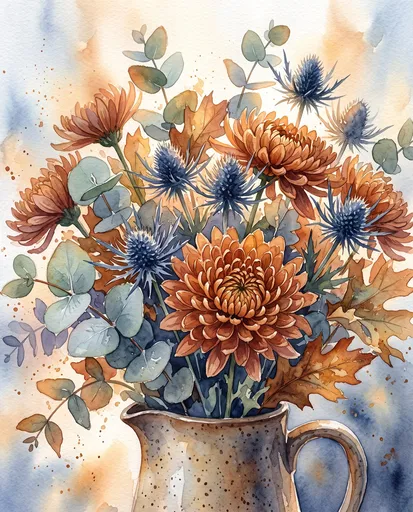 Watercolor Autumn Bouquet in Pitcher