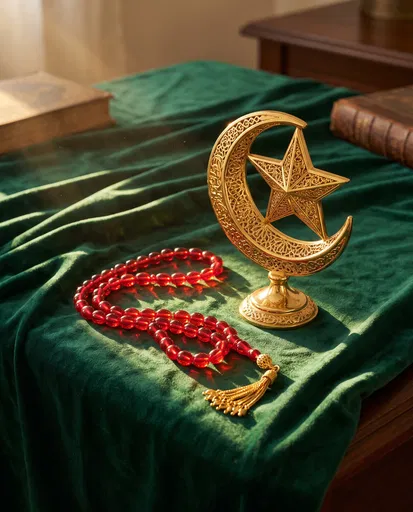 Golden Islamic Crescent and Red Prayer Beads