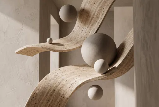 Abstract Travertine Ribbons and Ceramic Spheres