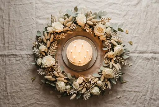 Floral Wreath Surrounding Minimalist Birthday Cake