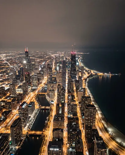 Aerial Night View of Chicago Skyline