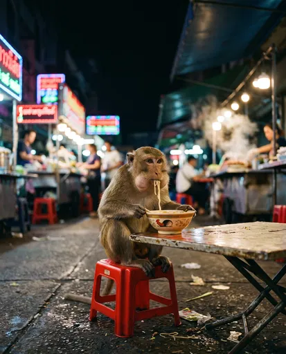 Macaque Eating Noodles at Night Market