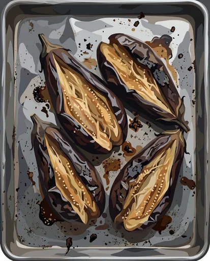 Illustrated Charred Eggplants on Baking Sheet