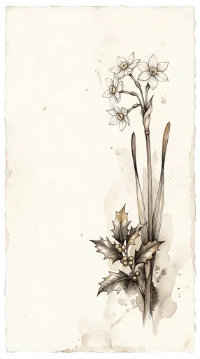 Sepia Narcissus and Holly Botanical Illustration