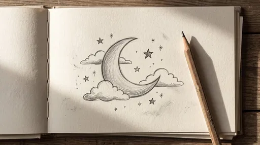 Crescent Moon Pencil Sketch in Notebook