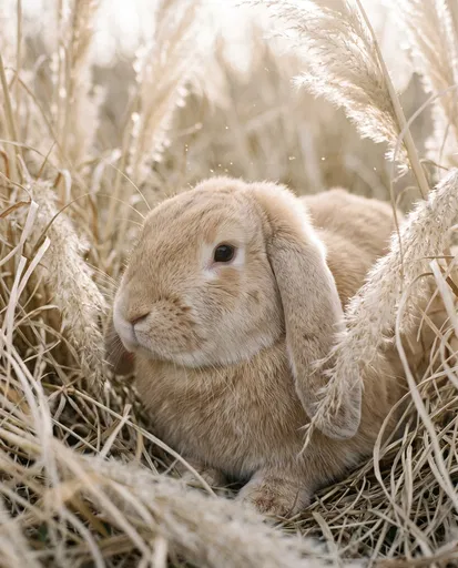 Fawn Lop Rabbit in Dry Grass