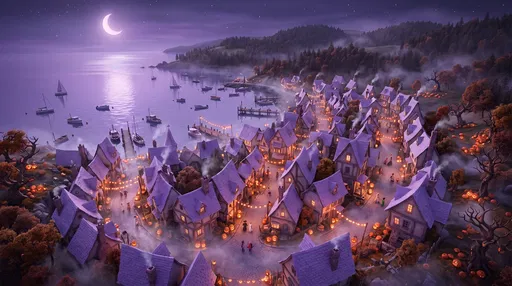Whimsical Coastal Village on Halloween Night