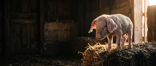 Wrinkled Piglet on Hay Bale in Barn
