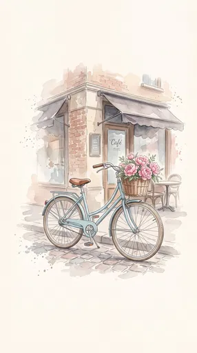 Watercolor Blue Bicycle Outside Corner Cafe
