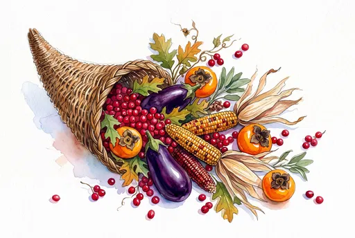 Watercolor Cornucopia with Autumn Harvest Produce