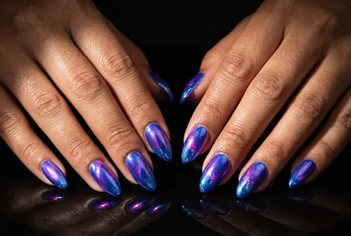 Hands With Iridescent Blue And Magenta Nails