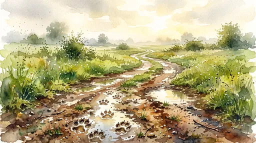 Watercolor Muddy Country Path With Paw Prints