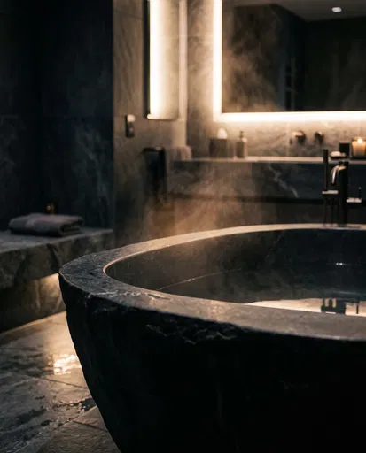 Luxury Black Stone Bathtub in Dark Spa