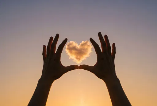 Silhouetted Hands Framing Golden Heart Cloud