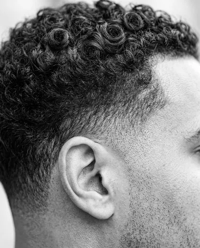 Monochrome Close-Up of Man's Curly Fade