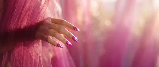 Hand With Pink Chrome Nails in Tulle