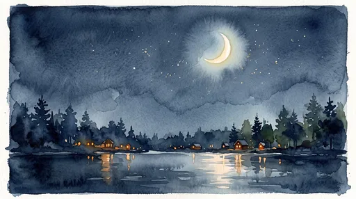 Watercolor Night Lake With Crescent Moon