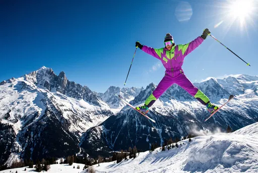 Retro Skier Jumping Over Snowy Mountains